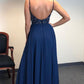 Fashion Spaghetti Straps Backless A-line Navy Long Prom Dress, High Slit Beading Evening Party Gown cg3451