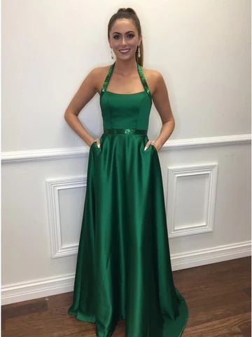 A-Line Halter Floor-Length Green Satin Prom Dress with Pockets cg3453