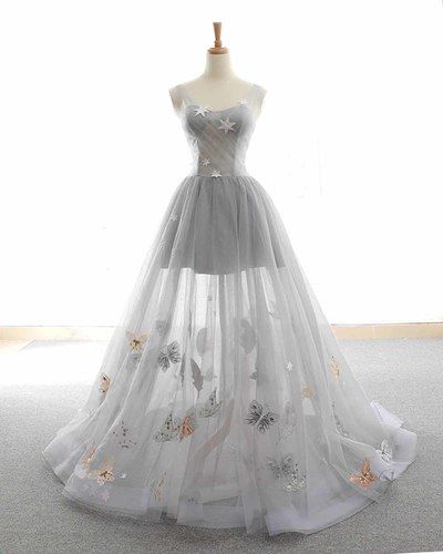 Cute Tulle Lace Prom Dress, Long Evening Gowns,Gray tulle sparkly Long customize Prom dress cg3479