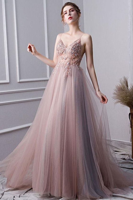 Pink A Line Spaghetti Straps Tulle Beaded Prom Dresses With Appliques cg3480
