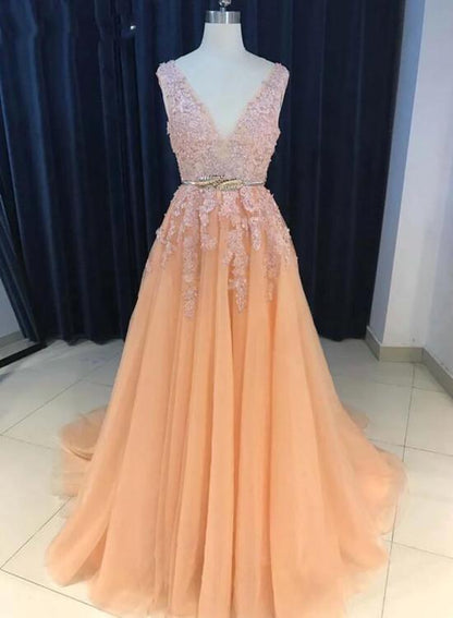 Charming Prom Dresses V-Neck Gold Sash, A-Line Sweep Train Long Evening Dress cg3516