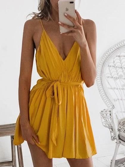 Yellow Plunge Tie Waist Open Back Ruched Chic Women Cami Mini Homecoming dress cg3529
