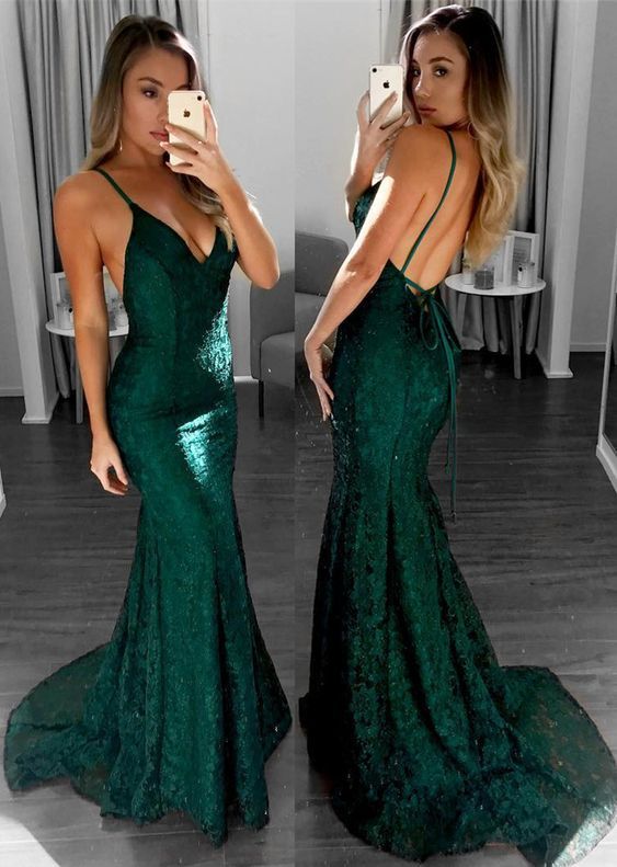 Mermaid Spaghetti Straps Backless Dark Green Long Lace Prom Dress cg3555