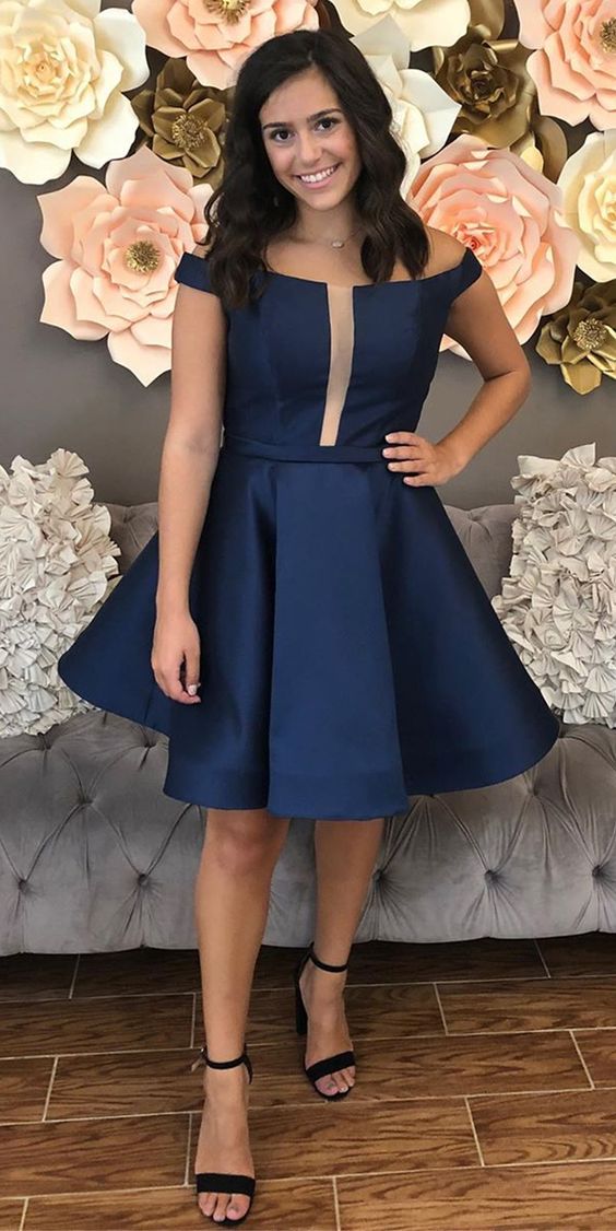 A Line Off The Shoulder Knee Length Navy Blue Homecoming Dress With Pleats cg3560