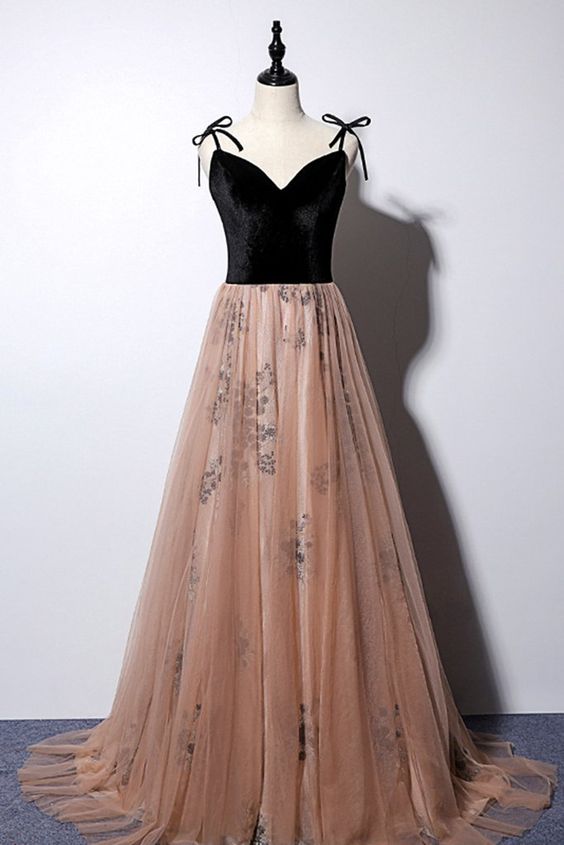 Champagne Pink Tulle Black Velvet Long Spaghetti Straps Open Back Prom Dress cg3573