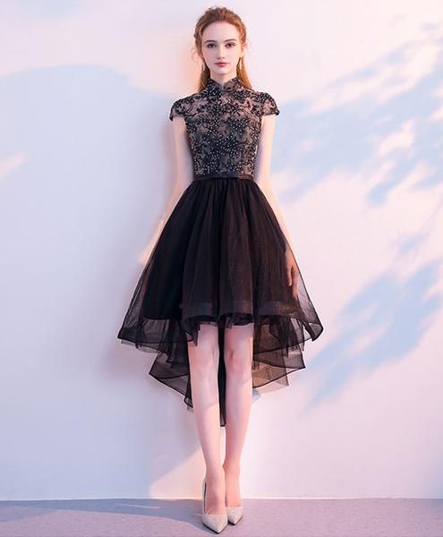 Cute black tulle short dress, black homecoming dress cg3585
