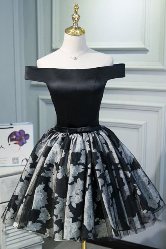 Cute off shoulder mini black homecoming dress with bowknot, mini black party dress cg3643