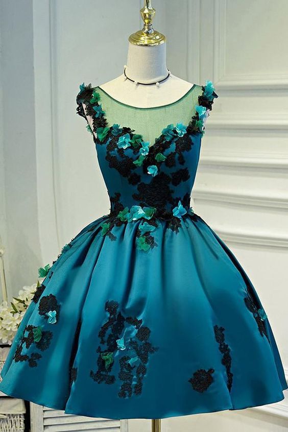 Satin Deep Green Vintage Sheer Appliques Homecoming Dresses Party Dress cg3644
