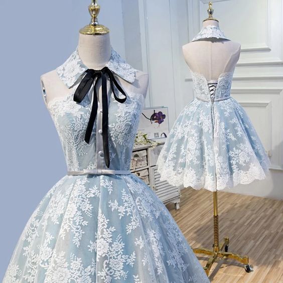 Halter Light Sky Blue Lace Appliques Homecoming Dresses with Lace up, Cocktail Dresses cg3664