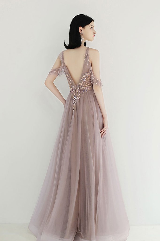 CHAMPAGNE TULLE SEQUIN BEADS LONG PROM DRESS TULLE EVENING DRESS cg3705