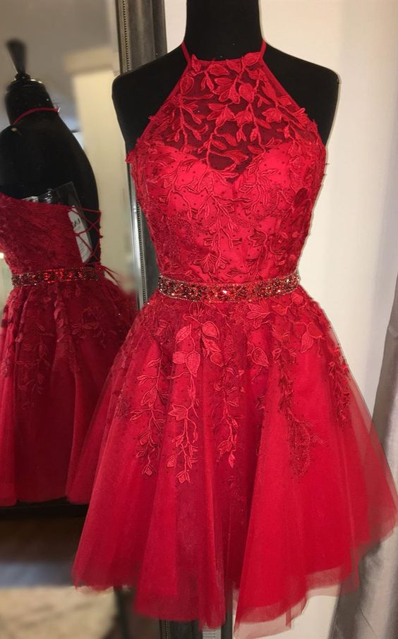 cheap red short homecoming dresses, formal lace homecoming dresses, simple short dresses with beading cg3711