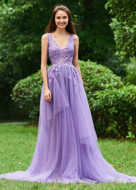Purple Prom Dress,A-Line Prom Gown,Tulle Prom Dress,V-Neck Prom Gown cg3740