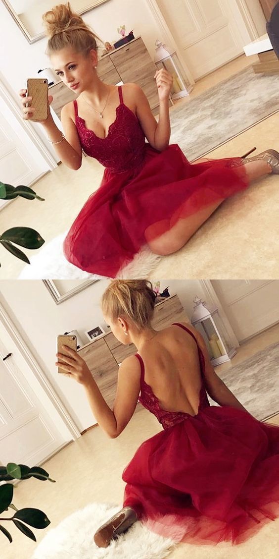 Sexy Backless Red homecoming Dress, Sleeveless Tulle Short party Dress with Lace cg377