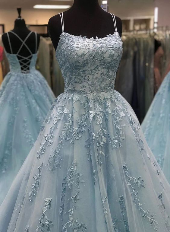 Blue tulle lace long prom dress, blue evening dress cg3772