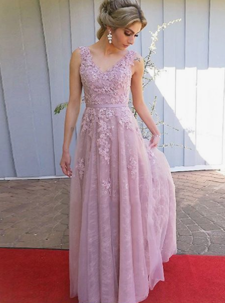 Pink V Neck Sleeveless Lace Backless Long  prom dress cg3777