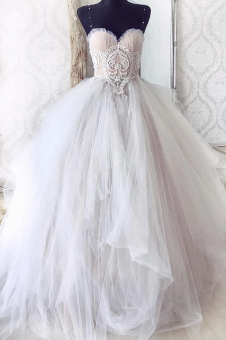 CUTE SWEETHEART LACE TULLE GRAY LONG PROM DRESS GRAY EVENING DRESS cg3795