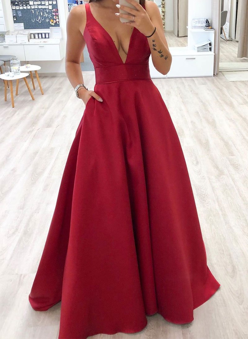 Simple red v neck satin long prom dress, evening dress cg3798