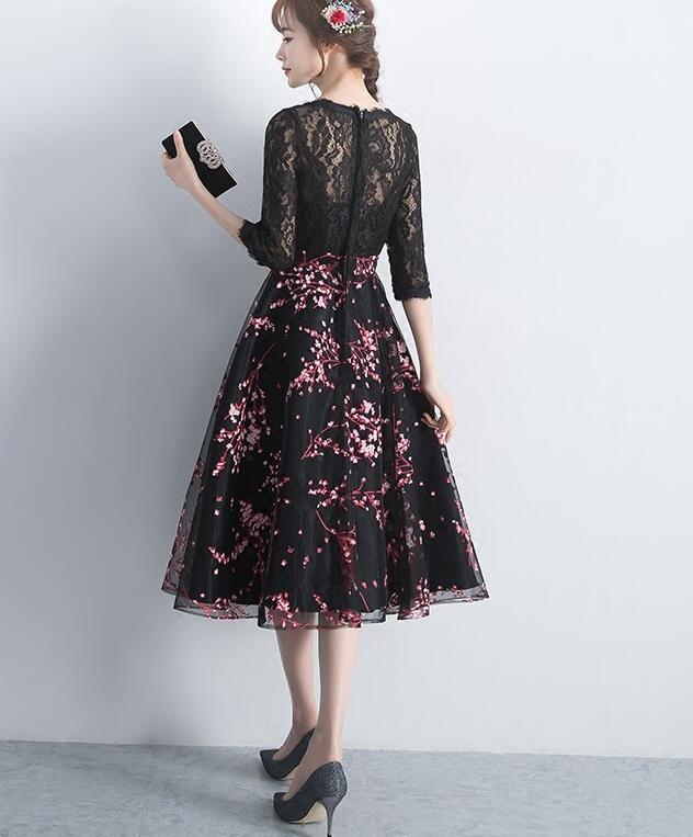 Black Lace Top With Floral Skirt Tea Length Party Dress, Cute Party homecoming Dress 2020 cg3800
