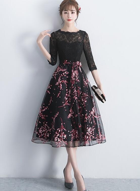 Black Lace Top With Floral Skirt Tea Length Party Dress, Cute Party homecoming Dress 2020 cg3800