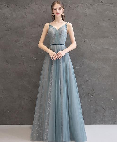 Gray blue v neck tulle long prom dress gray blue evening dress cg3806