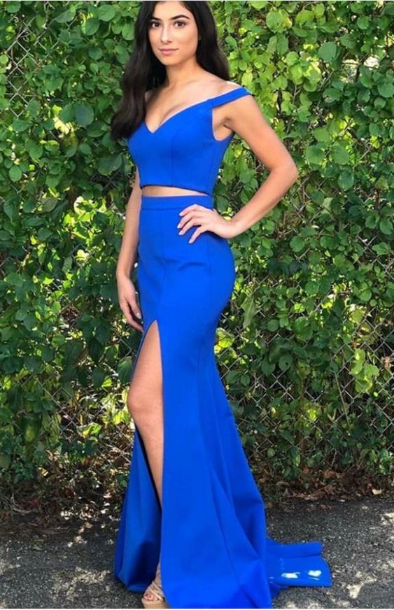 Two Piece Simple Blue Prom Dress Slit Pageant  cg3812