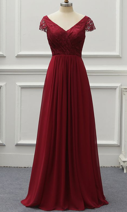 Burgundy Lace Cap Sleeve V Neck Long Chiffon Prom Dress, Formal Dress cg3815