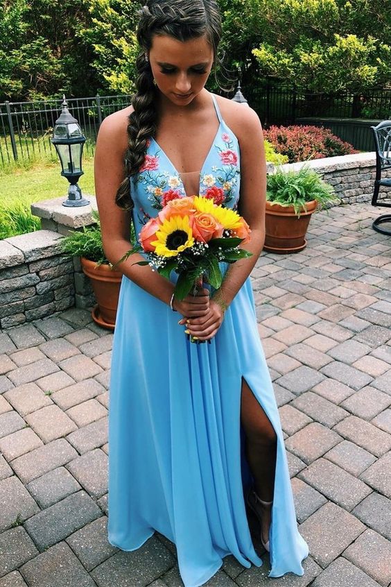 Halter Baby Blue Floral Long Prom Dress with Side Slit, Sexy Evening Party Dress  cg3832