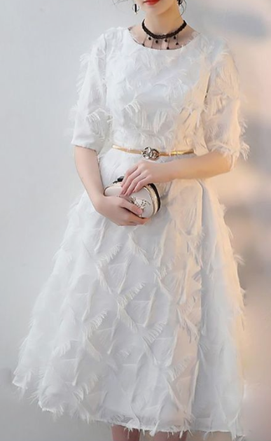 Homecoming Dresses White Feathers Tea Length Party Dress with Sleeves cg3845