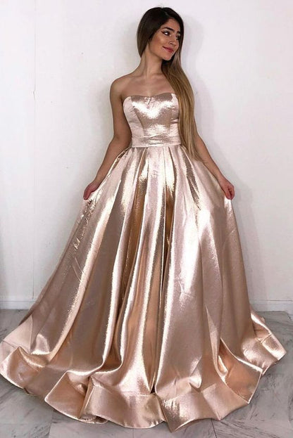 Strapless Rose Gold A Line Long Simple Prom Dress  cg3878