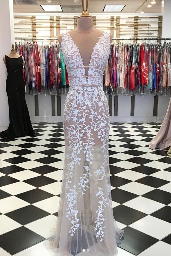 Champagne tulle lace long prom dress, lace evening dress cg3897