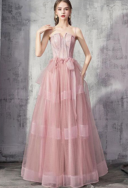 Pink tulle lace long prom dress pink evening dress cg3917