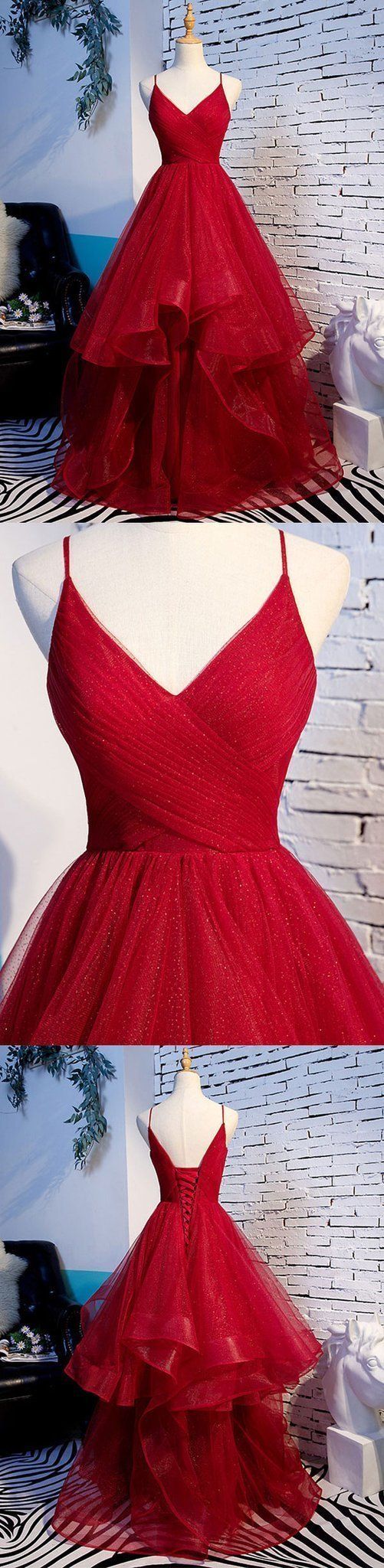Elegant Tulle Red Straps Prom Dress, A Line Prom Dresses, Long Evening Dress cg392