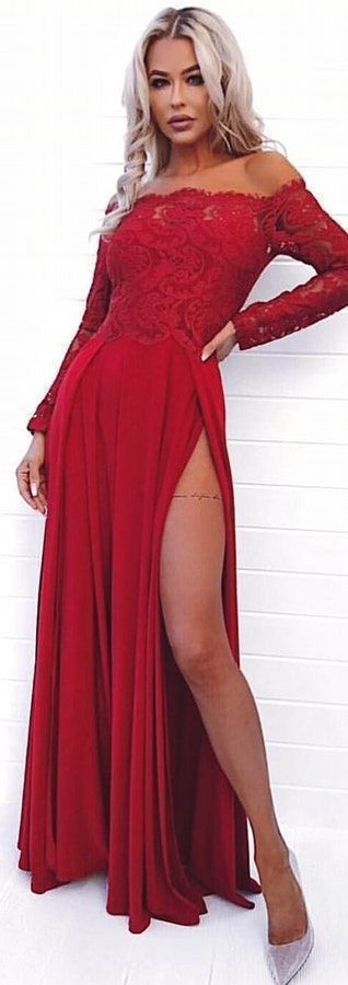 Sexy long off shoulder red prom dress with slit cg3920
