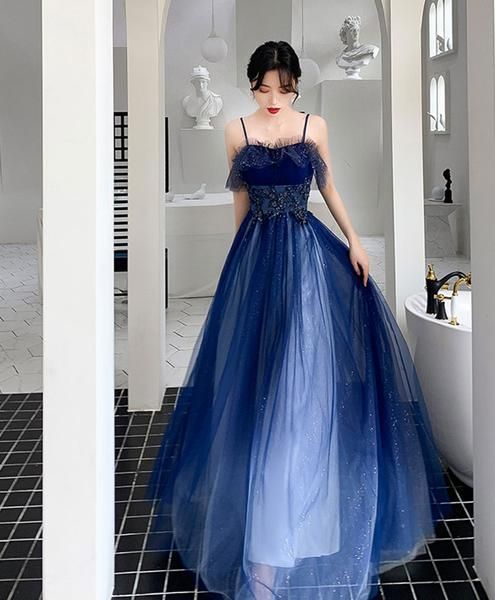 Blue sweetheart tulle lace long prom dress blue tulle formal dress cg3961