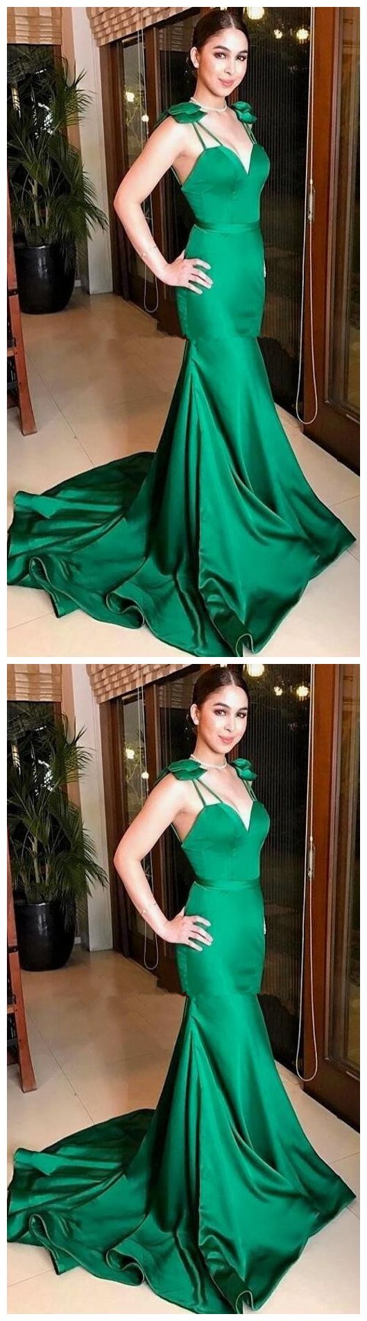 New Green Mermaid Prom Dresses Spaghetti Bow Sweep Train Long Formal Evening Party Gowns  cg3963