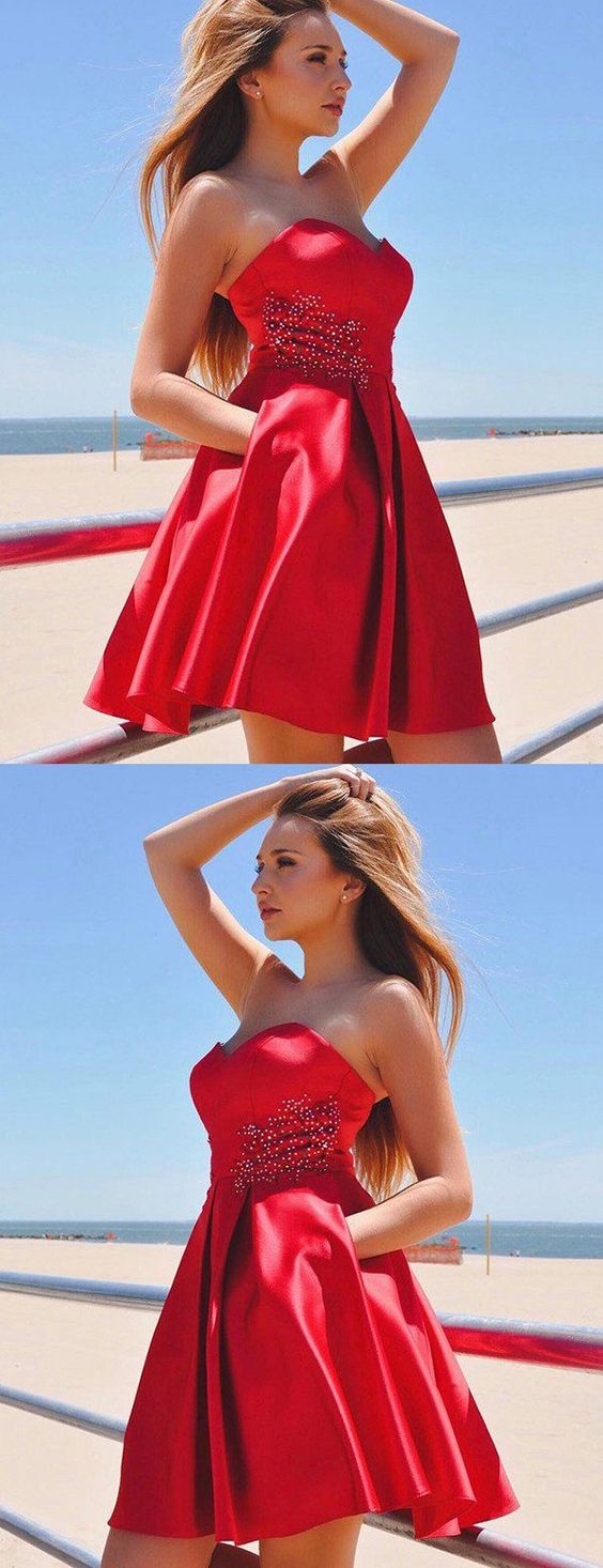Red Soft Satin Sweetheart Strapless With Bow Applique Pockets Homecoming Dresses cg3969