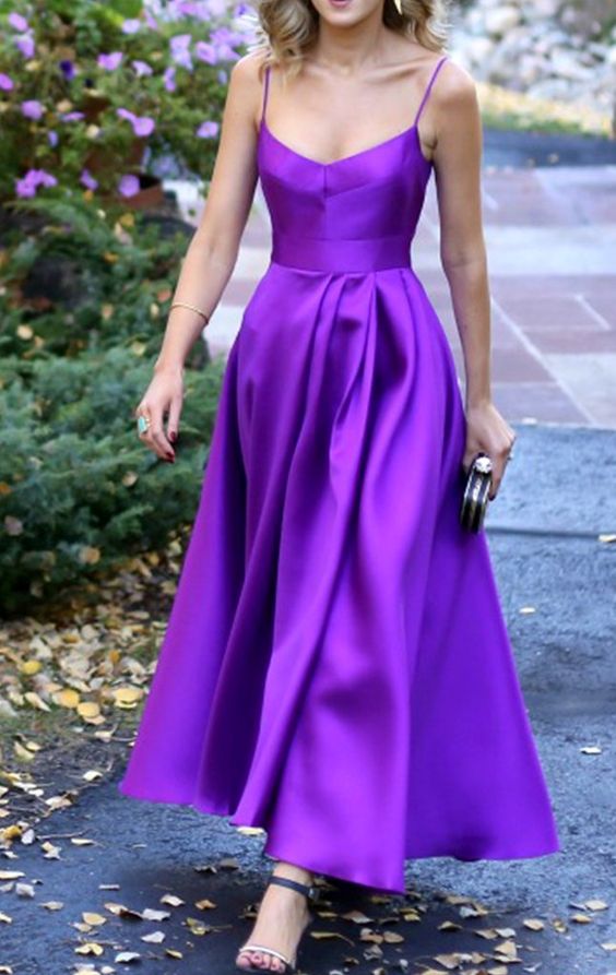 Spaghetti Straps Purple Satin Prom Dress Tea Length Wedding Party Formal Gown cg3977