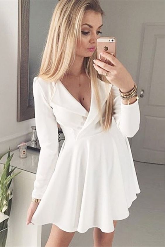 A-Line V-Neck Long Sleeves White Homecoming Dress cg3982