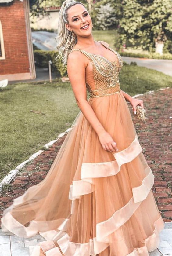 2019 Gorgeous Gold Long Prom Dress with Ruffles  cg4006