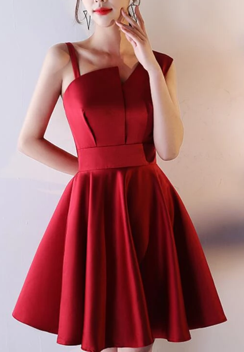 Beautiful Dark Red Satin One Shoulder Mini Party Dress, Wine Red Homecoming Dress cg4020
