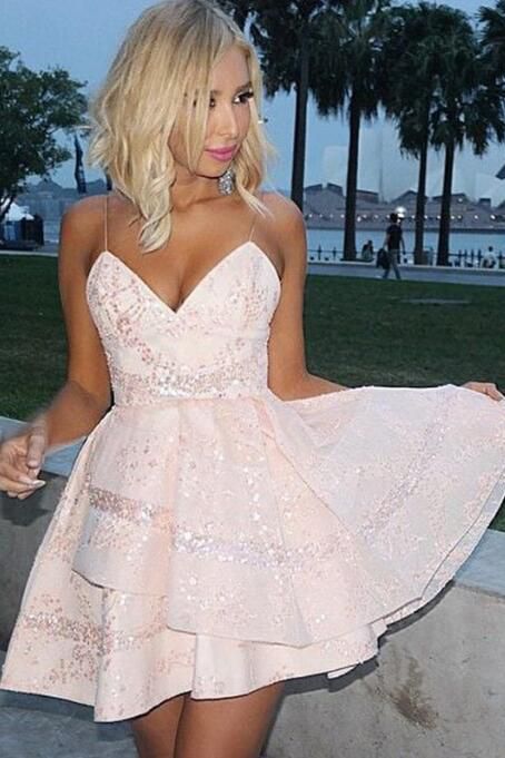 Straps Tiered Sequined Pink Homecoming Dress cg4043