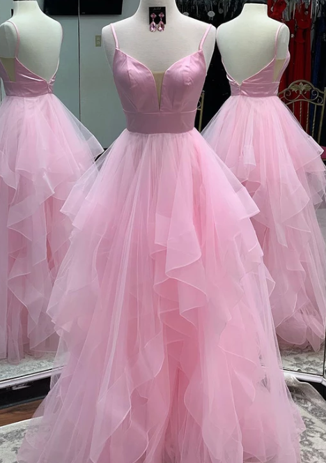 Pink tulle long prom dress, pink evening dress, formal dress cg4104