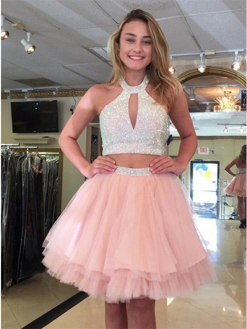 Cute Halter Two Piece Beaded Short Pink Homecoming Dresses cg419