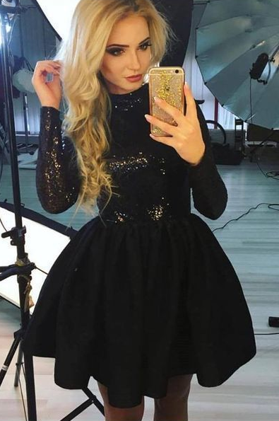 A-Line Jewel Long Sleeves Black Homecoming Dress with Sequin cg428