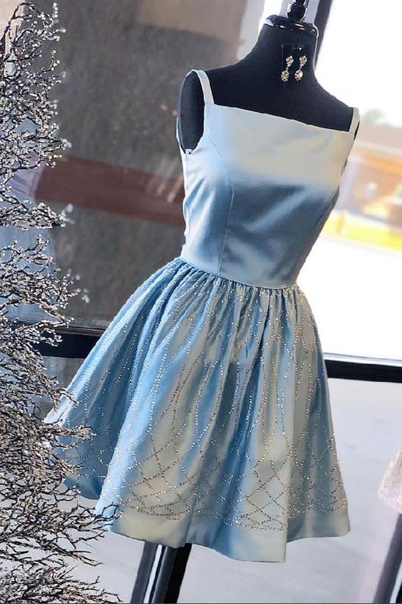 Blue Sleeveless A Line Satin Short Homecoming Dresses With Sequin cg439