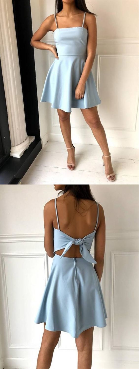 A-Line Spaghetti Straps Open Back Above-Knee Light Blue Homecoming Dress cg442
