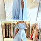 A line off shoulder split front blue chiffon prom dress with beading belt cg446