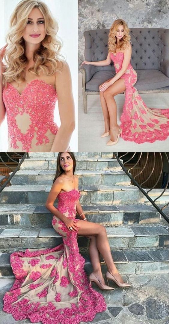 Gorgeous Strapless High Low Lace Prom Dress Ivory Formal Evening Gown Elegant Prom Gown Pink Lace Prom Dress  cg4465