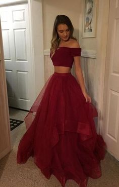 2019 Two Piece Prom Dresses Long, Burgundy Prom Dresses With Cap Sleeves cg457