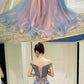 Gray blue tulle off shoulder long prom dress, gray blue evening dress cg467